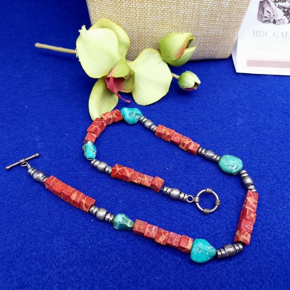 Necklace Turquoise Gemstone Metal Charms Square Block Beads Fashion Jewelry 16" - Picture 6 of 6